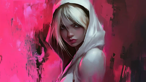 Digital female portrait shows hooded figure on pink ground