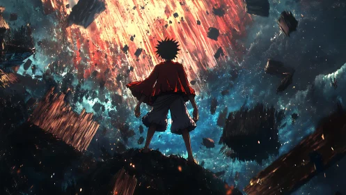 Lone anime hero faces falling cosmic debris storm.