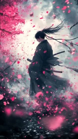 Solitary samurai in cherry blossom vortex under stormy sky