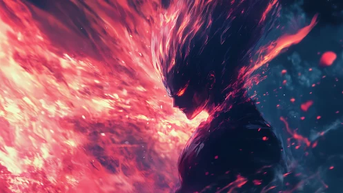 Flaming warrior silhouette engulfed in swirling inferno glow.