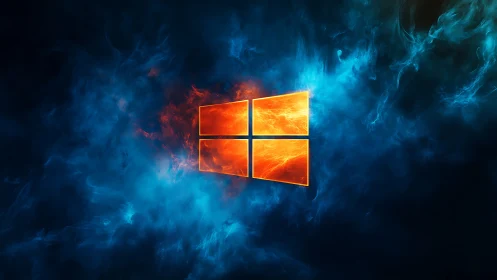 Windows Logo Digital Composite with Volumetric Fire and Cyan Nebula Effects