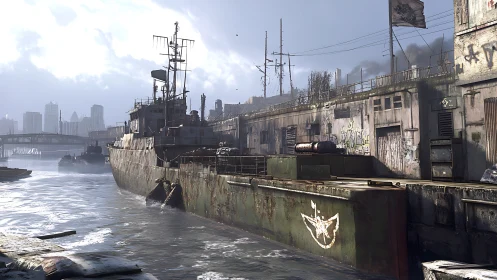 Rustbound warship dreaming beside a smog-choked harbor wall.