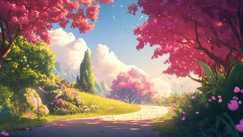 Digital painting of sunlit cherry blossom valley path scene.