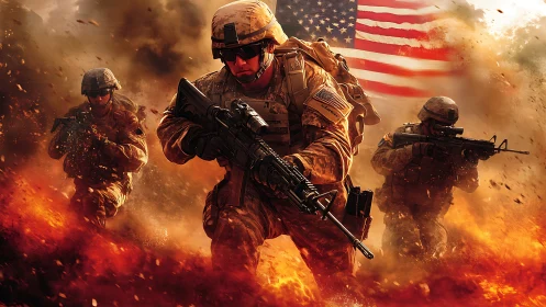 Modern infantry unit advancing through fiery battlefield.