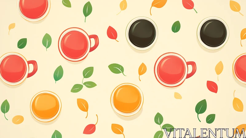 Top‑down beverage cups with autumnal leaf pattern repetition.