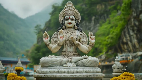 Marble Hindu deity sculpture sits serenely in misty valley