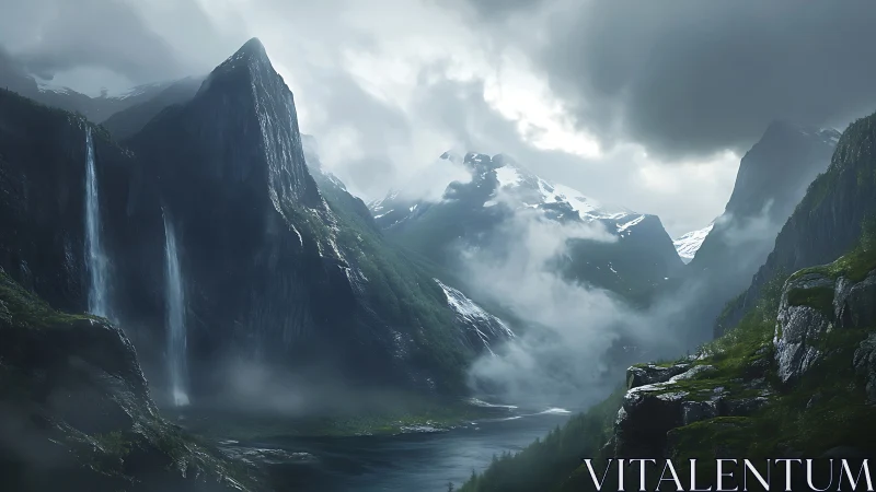 Misty mountain valley welcomes calm waterfalls and soft light