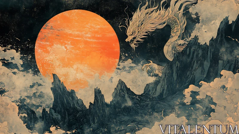 Luminous vermilion sun and storm-tier dragon over jagged peaks.