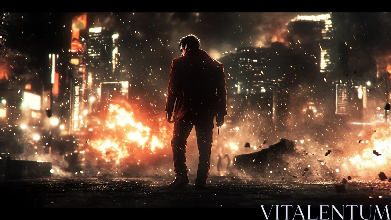 Solitary figure with handgun amid burning urban skyline.