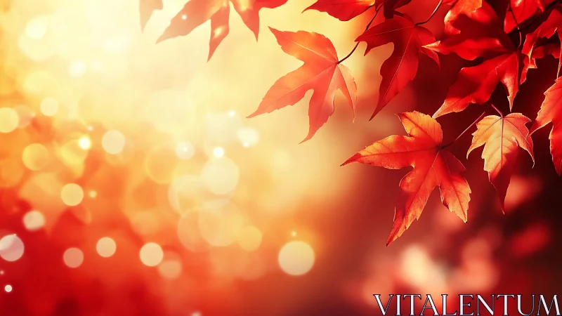 Red autumn maple leaves against glowing bokeh light field.