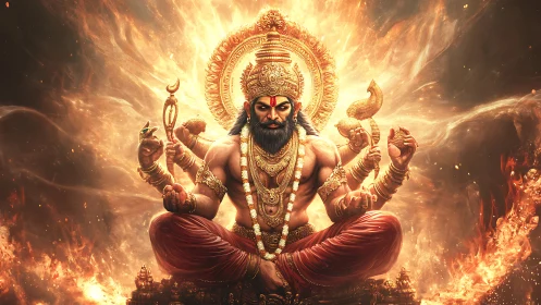 Multi-armed seated deity amid symmetrical fiery mandala background.