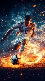 Dynamic football striker in fiery motion trail digital art.