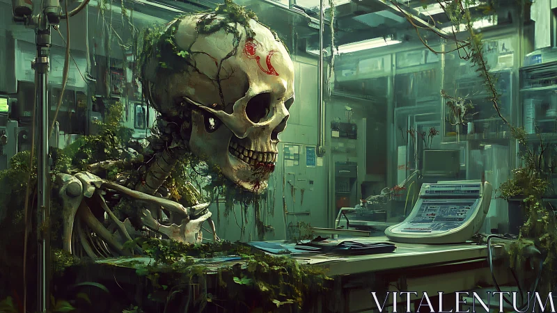 Human skeleton occupies overgrown laboratory workstation interior
