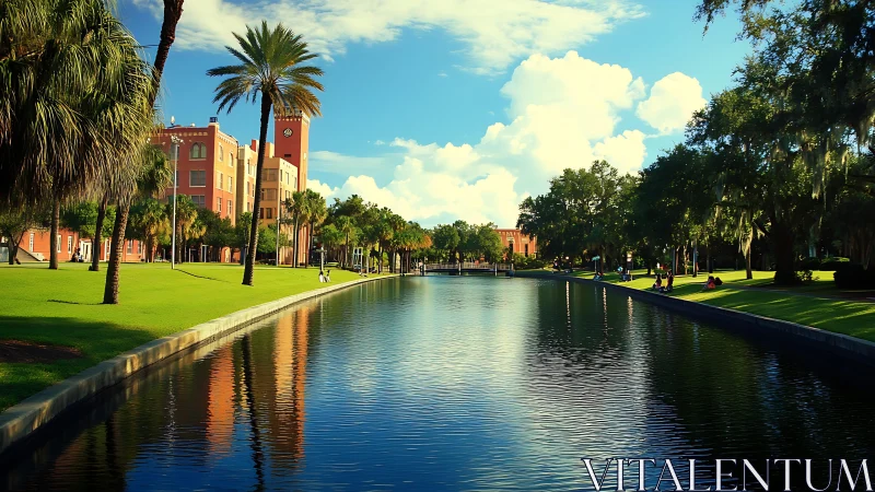 Symmetrical canal park with clocktower, palm trees, and rippled reflections
