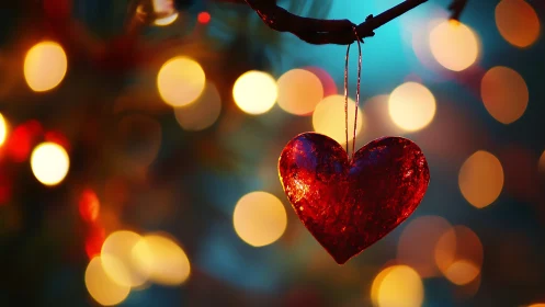 Crimson glass heart swaying in dreamy holiday glow.