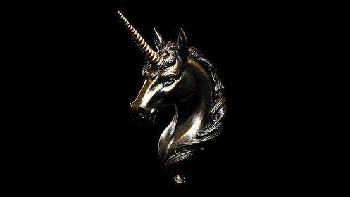 Gleaming metallic unicorn bust rendered on deep black background