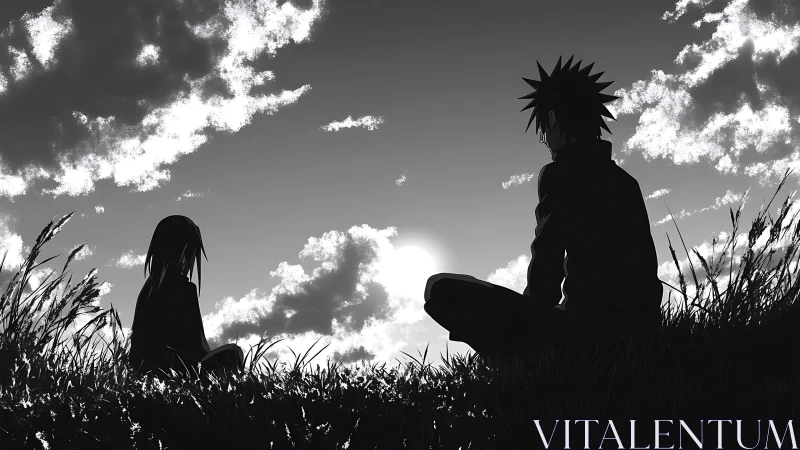Backlit anime silhouettes observe sunset in high-contrast field