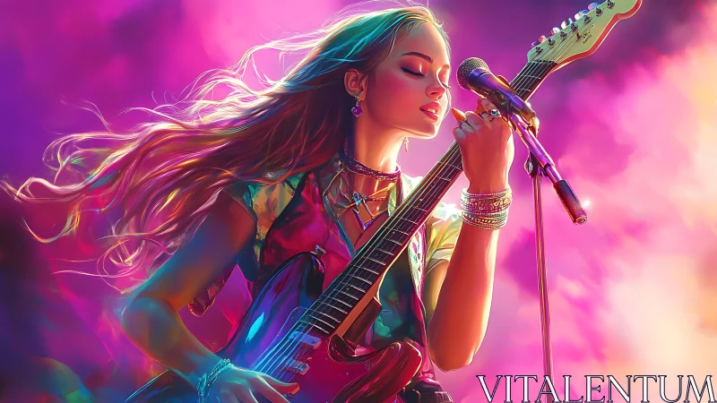 Electric guitarist performs into microphone amid colored haze