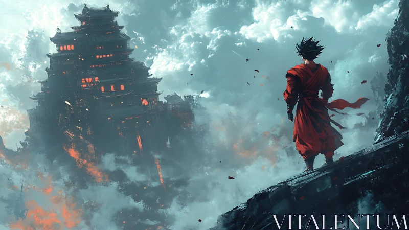 Warrior in red observing burning fortress in clouds.