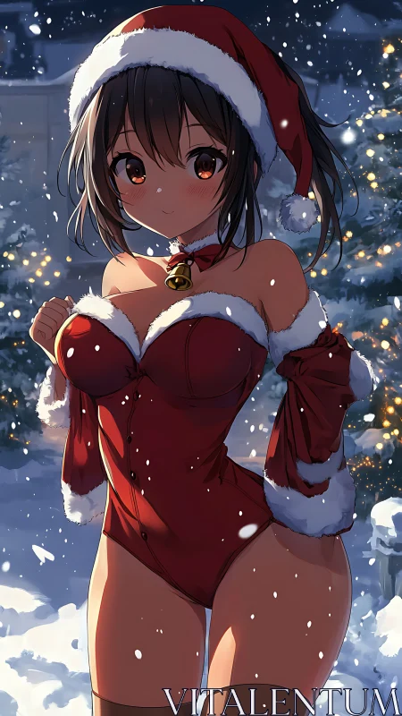 Santa swimsuit girl stands in glowing snowy night garden