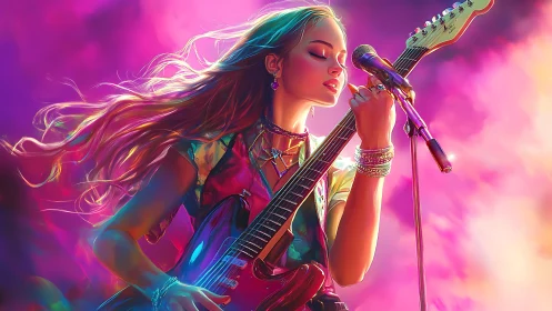 Electric guitarist performs into microphone amid colored haze