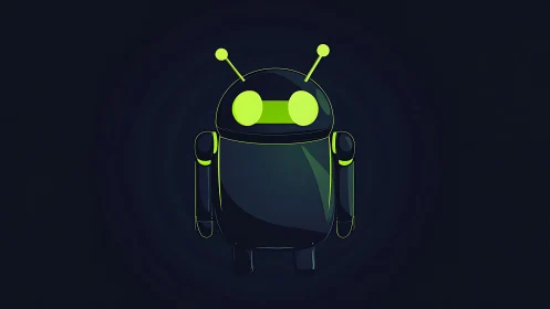 Neon green robot icon on dark background, frontal view.