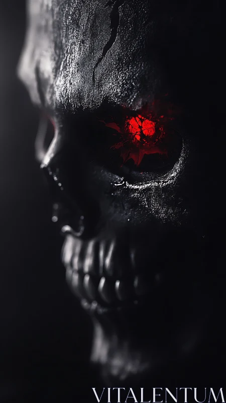 Burnished skull profile with glowing red infernal eye socket