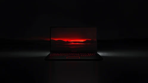 Laptop with red landscape display on dark reflective surface.