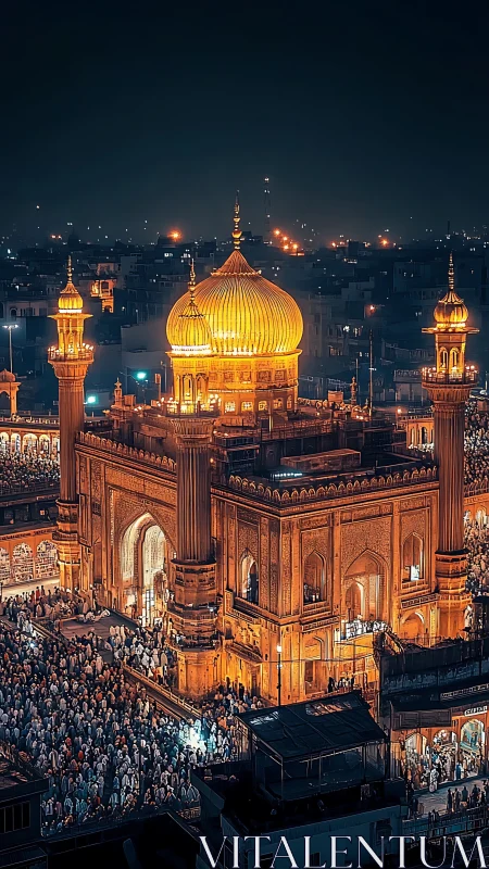 Night aerial view shows illuminated mosque dome and dense worshippers