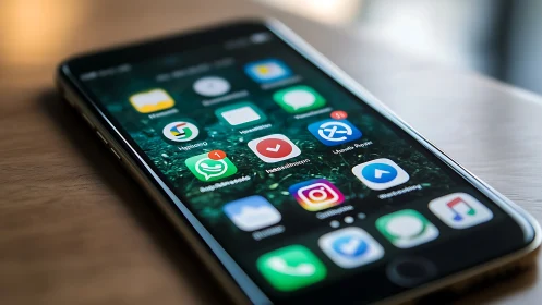 Smartphone home screen with notification badges in shallow focus