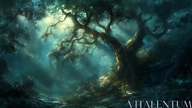 Bioluminescent ancient tree under volumetric teal moonlight