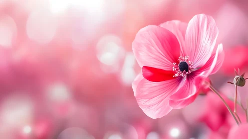 Pink Cosmos Blossom Against Softly Blurred Field.