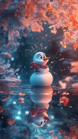 Snowman daydreams by a glowing winter mirror-lake.