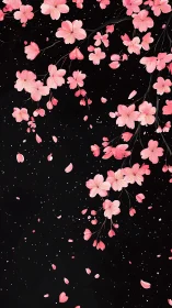 Pink flowers distributed across black background with organic branch structures