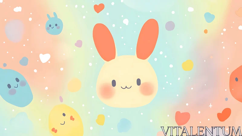 Pastel bunny faces floating in soft dreamy rainbow space.