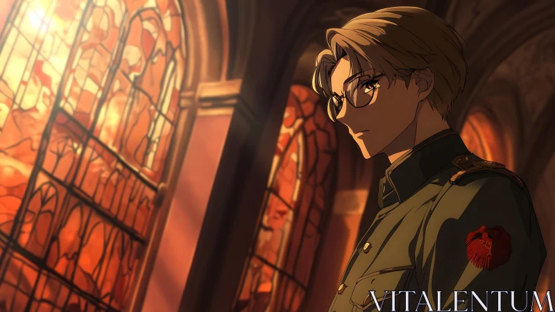 Quiet soldier in golden light beside glowing stained glass.
