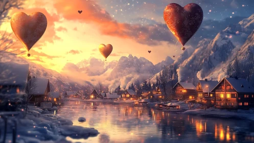 Heart-shaped hot air balloons suspended over illuminated winter valley settlement.