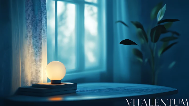Glowing orb table lamp against cool blue night window scene.