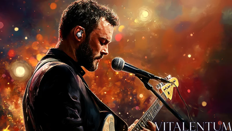 Digital painting portrait of guitarist in luminous stage ambience.
