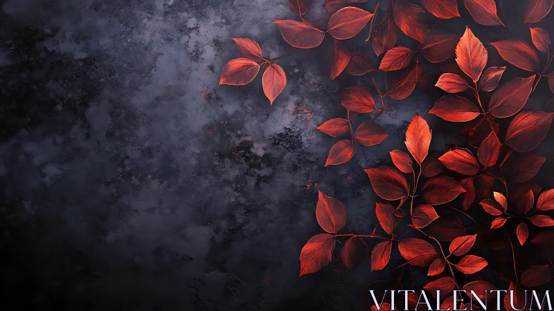 Crimson foliage cluster on textured charcoal background field