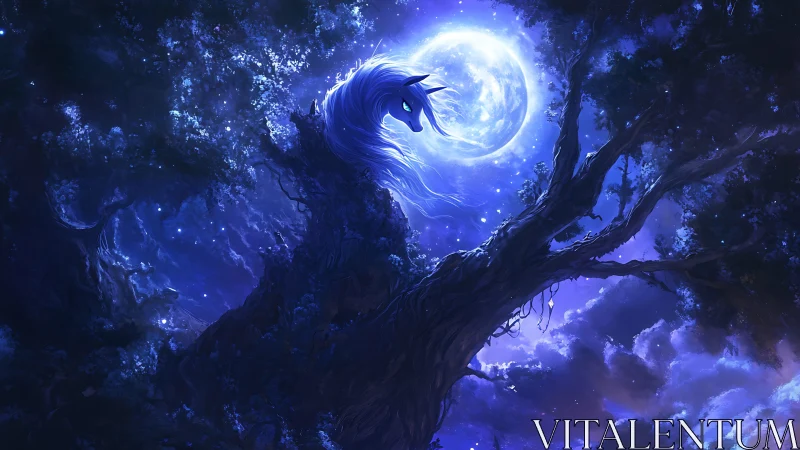 Moonlit celestial horse emerges from an ancient forest canopy.