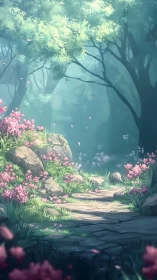Forest pathway with flowering trees and pink blooms