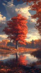 Solitary crimson tree glows beside a tranquil autumn river
