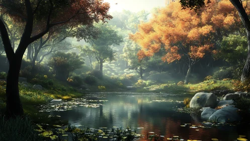 Tree-lined forest pond with autumn foliage and soft light.