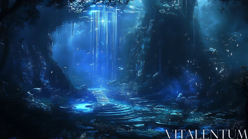 Submerged cavern with bioluminescent structures and vertical light columns