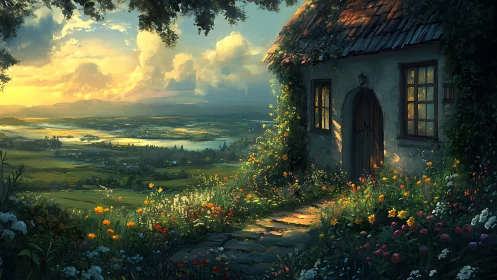 Sunlit cottage garden overlooking expansive river valley at dusk