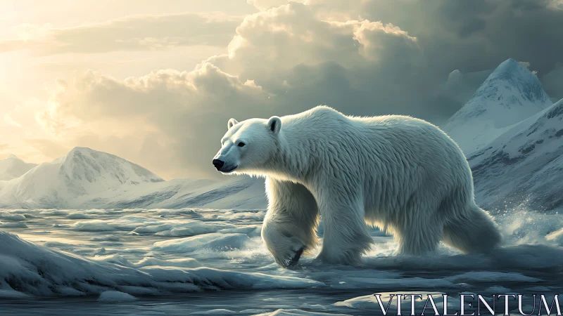 Polar monarch strides through sunlit shards of frozen sea