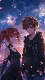 Anime twilight duo under luminous sky with drifting petals.