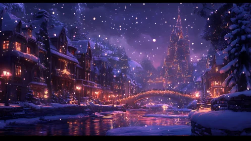 Snowy fantasy village glows softly beneath a starlit night sky