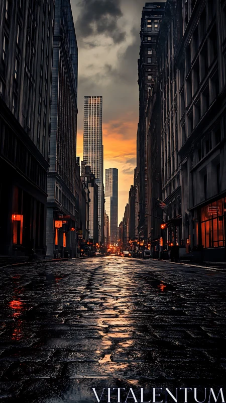 Rain-slicked city canyon at dusk with glowing windows.